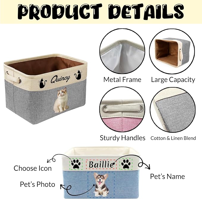 Customized Pet Toy Storage Basket - Personalized Dog & Cat Toy Organizer with Name, Foldable & Durable Fabric Bin for Pet Supplies, Organizer for Toys, Coats, Clothing, Blankets Grey