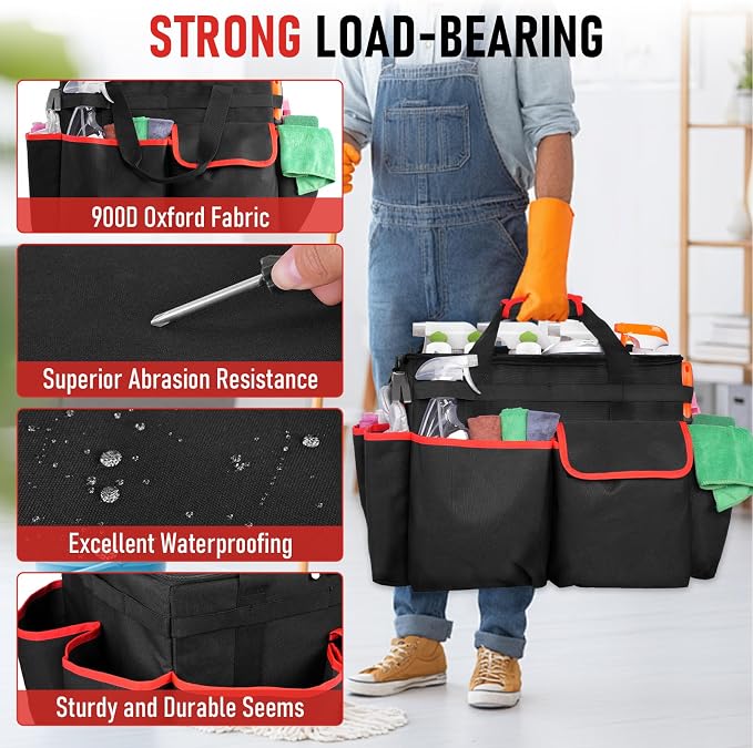 Large DIY Rolling Cleaning Caddy Bag, Cleaning Caddy with Wheels | Wear-Resistant & Waterproof 900D Oxford Cleaner Supplies Organizer for Housekeepers, Kitchen, Home, Office, Tool Storage