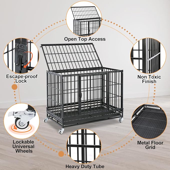 Homey Pet 37 Inch Three Tiers Stackable Dog Crates for Medium Dogs | Indestructible Heavy Duty Dog Crate Cage with Lockable Wheels, Removable Tray, Opent Top, Escape Proof Locks, Bowls