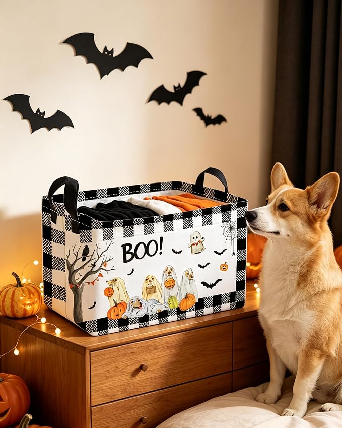 Essme Rectangular Dog Helloween Basket,Kids Storage Bins Organizer with Handles for Girls Room Decor, Gift Basket,Shelf Basket.(Dog Helloween)