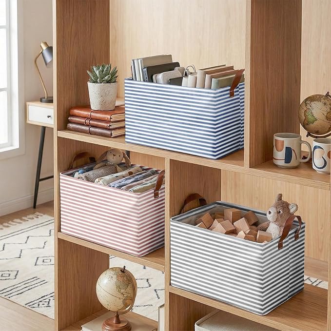 Britimes Pink Blue Storage Baskets for Gifts, Toy Storage Bins Box, 3 Pcs | Pink Blue Striped Canvas Collapsible Baskets Organizer with Handles Nursery Decor Laundry Basket for Shelves Closet
