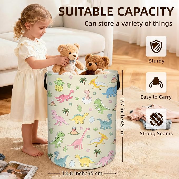 Dinosaur Laundry Hamper, Waterproof Laundry Basket for Bedroom, Baby Round Collapsible Nursery Hamper Storage Bin with Handles for Toys, Storage Basket for Boy Girls Boys, Room Decor, 13.8x17.7 in
