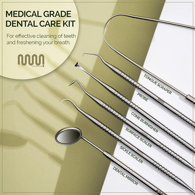 Dental Tools Kit for Teeth Cleaning (6 Pack) – Stainless Steel Oral Care Set with Plaque Remover, Scaler, Mirror & Tongue Scraper, Includes Storage Case for Personal Use