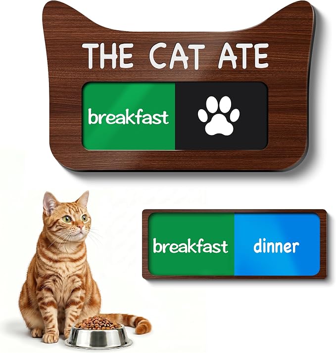 Cat Feeding Reminder Sign, Magnetic Pet Fed Schedule Chart with Slider, Breakfast & Dinner Tracker for Fridge, Prevent Overfeeding, Unique Cat Ear Shape Acrylic Sign, 4.7" x 3", Walnut