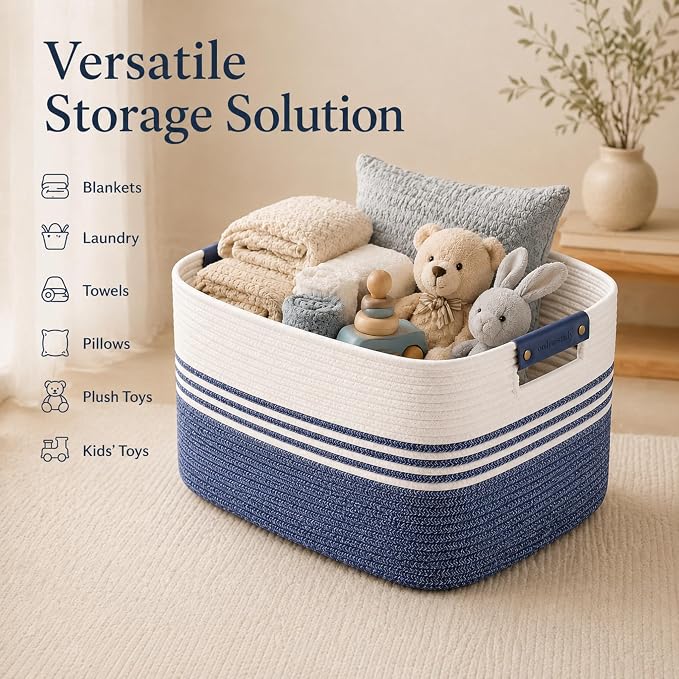 Cotton Rope Laundry Basket Extra Large, 25.4GAL Collapsible Woven Storage Baskets for Living Room Kids Toys Stuffed Animal,Boho Rectangular Decorative Hamper for Dirty Clothes, Blankets Denim Blue