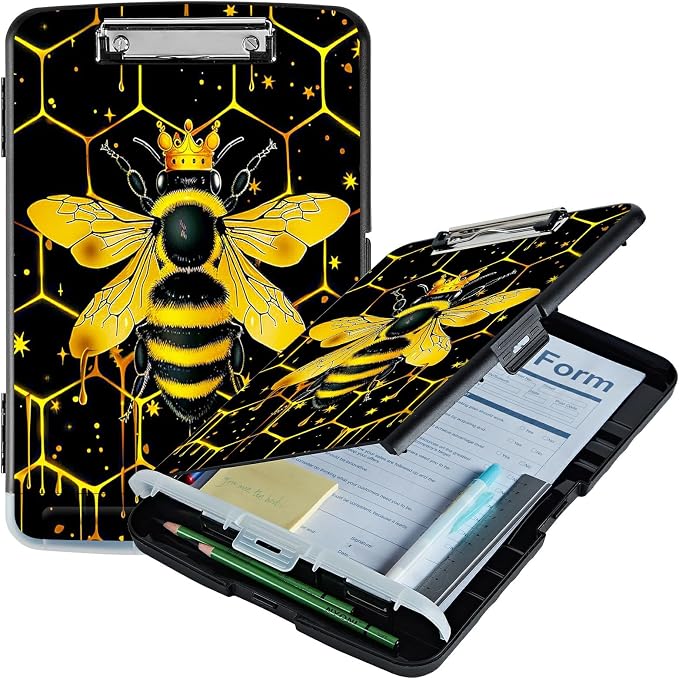 Bee Black Background A4 Clipboard with Storage Pen Holder, Clipboards Organizer Nursing Clipboard Foldable File Folder Plastic Clipboard Folio Clip Board for Office Students Classroom
