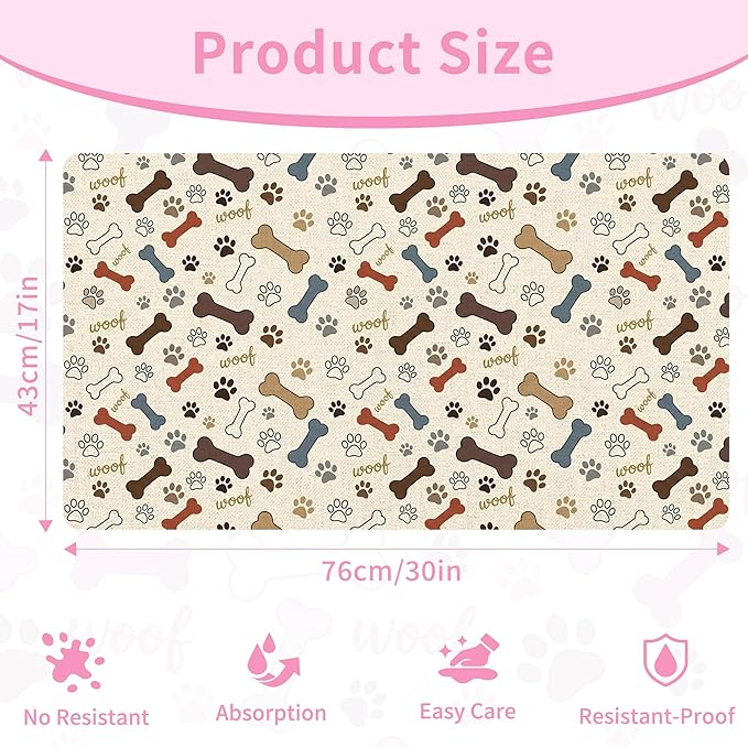 Dog Feeding Mat 30 x 17 Inch, Neutral Paw Bone Woof Dog Placemat Absorbent Quick-Dry for Food and Water, Waterproof Non Slip Rubber Pet Bowl Pad Mat for Floors
