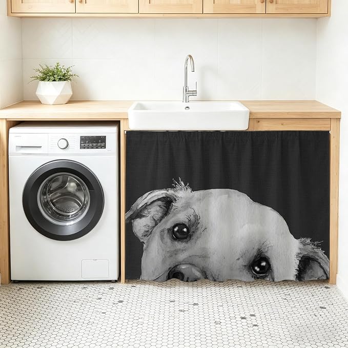 Black Dog Sink Skirt 11"Wx13"L,Dustproof Under Sink Curtain with Self Adhesive Tape,Cute Pets Eyes Animals Fur Vintage Oil Painting Cabinet Curtain Cover for Bathroom Vanity,Kitchen Storage Shelf