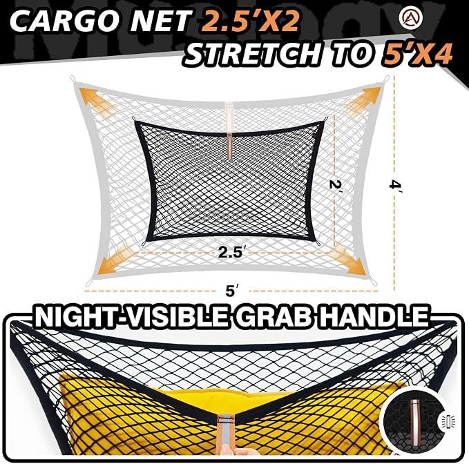 Muslogy Cargo Net for 2021-2025 2026 Toyota Sienna Accessories | Custom Fit, Trunk Storage Organizer Net for SUV Sedan Van Divider, with Heavy Duty Carabiners, Night Visible Grab Handle