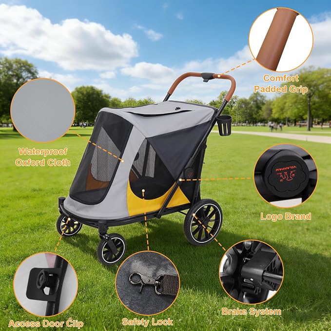 Dog Stroller for Large-Dogs: Easy Fold Dual Entry Onefoot Brake | All Terrain Dog Wagon Cart with Air Mesh, Ideal for Breeds up to 92 lbs