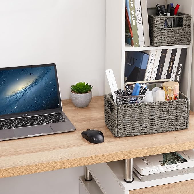 Vagusicc Wicker Storage Basket, Set of 2 Grey Baskets for Toilet Paper | Hand-Woven Wicker Baskets, Small Storage Baskets for Organizing with Handles Foldable Cube Storage Organizer Bins for Shelves