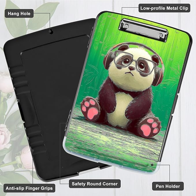 A4 Clipboard with Storage Pen Holder, Clipboards Organizer Nursing Clipboard Foldable File Folder Plastic Clipboard Folio Clip Board for Office Work Classroom Doctor, Forest Panda