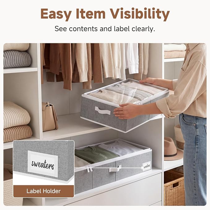 StorageWorks 6 Inch Low Profile Under Bed Storage Containers with Clear Lid | Reinforced Structure, Resists Sagging, Handles & Label Holder, Foldable Stackable Closet Storage for Clothes, Blankets, Toys