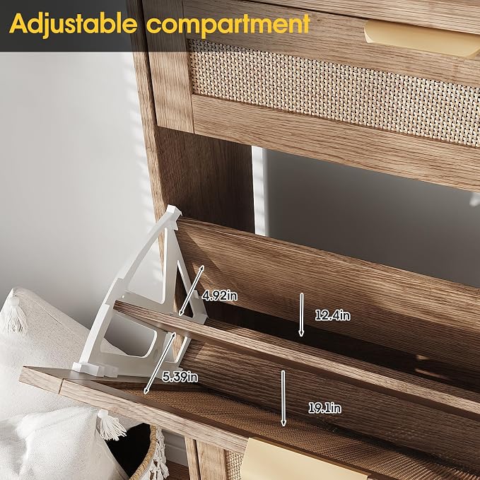 Halitaa Shoe Cabinet with 4 Flip Drawers & 2 Drawers,Farmhouse Shoe Storage Cabinet for Entryway,Slim Freestanding Organizer Rack for Front Door Entrance,Rustic Oak Rattan