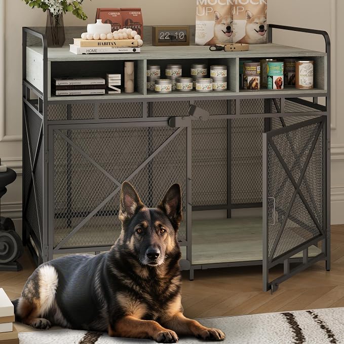 Fulhope Dog Crate Furniture, 48" Heavy Duty Wooden Dog Crate End Table, XL Dog Kennel Furniture Large Breed, Decorative Dog Kennel Indoor with 3 Drawers & Steel Tubes 48" L x28 W x38 H (Grey)