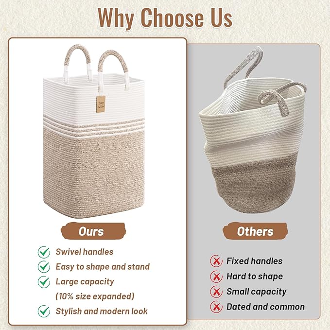 Laundry Basket Hamper,Blanket Storage,Dirty Clothes Hamper with Swivel Handles,Woven Cotton Rope Toy Baskets,Blanket Basket Living Room,Decorative Hampers for Nursery,Bedroom,White & Linen,100L