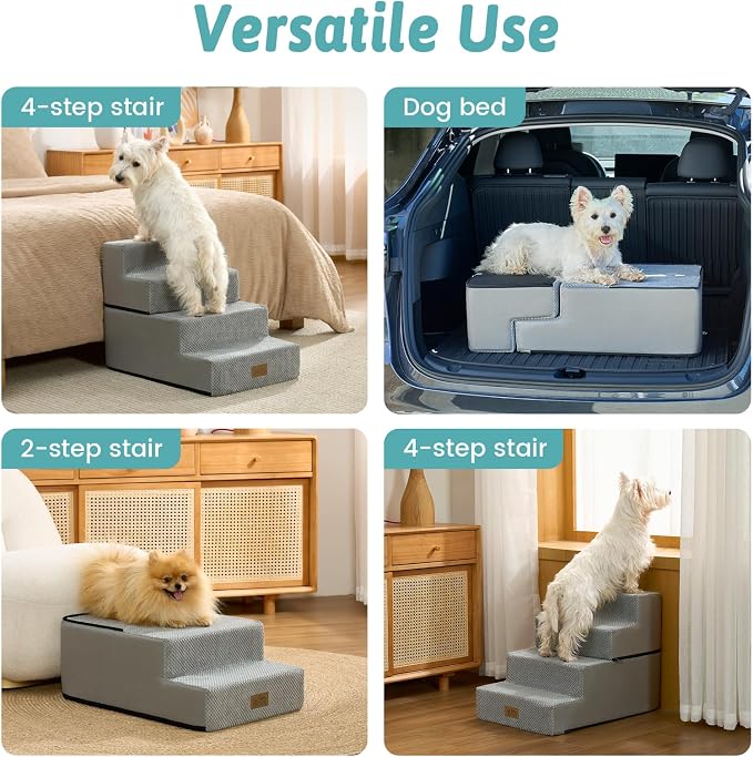 COZY KISS Dog Stairs for Small Dogs, 4 Step Pet Stairs for Beds & Couches | 17.7" H Extra Wider Non-Slip Dog Steps with Removable Tiers & Support Board for Puppies, Older Cats & Dogs, Grey