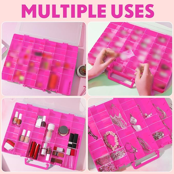Juexica 2 Pcs 48 Grids Plastic Bead Organizer Box with Divider, Pink