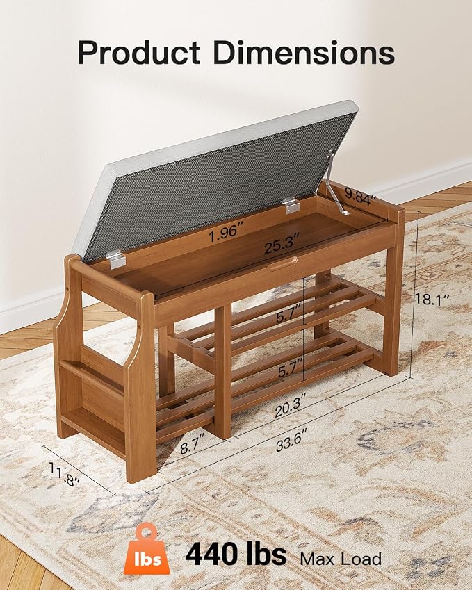 Pipishell 34" Pine Wood Shoe Bench Entryway with Soft Cushion and Storage | Lift-top storage, side holder, 440 lbs weight capacity, sturdy and durable, EPA & CARB-certified, holds 7 pairs, for entryway