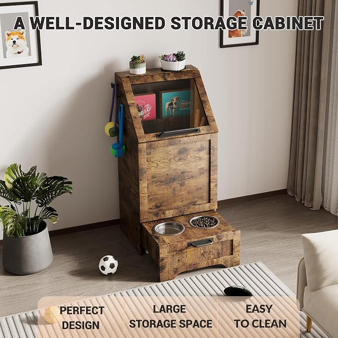 Top Opening Dog Feeding Station, Wooden Dog Food Storage Cabinet with 2 Elevated Dog Bowls, 3 Hooks, Hidden Design, Large Pet Food Storage and Feeding Station for Dogs, Cats, Retro