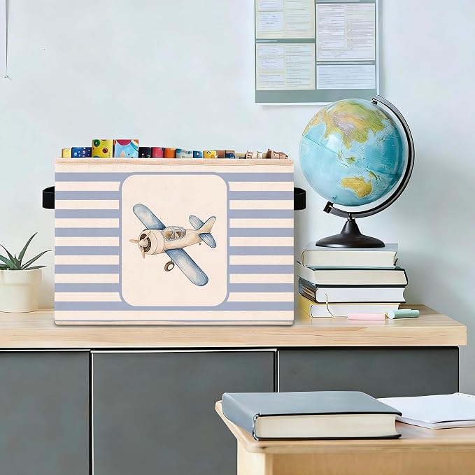 Airplane & Hot Air Balloon Storage Basket, Blue Stripe Foldable Toy Bin | Cute airplane and hot air balloon design with blue stripes; foldable fabric bin for toys, books, clothes, nursery.