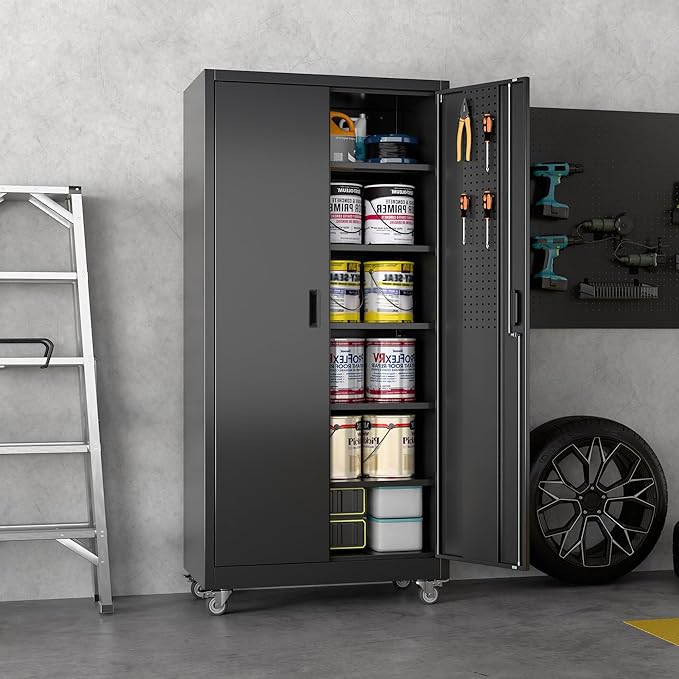 Reemoon Metal Storage Cabinet with Wheels and Pegboard, 71 in, Black | 18 in deep steel cabinet with 5 adjustable shelves, door pegboard, lock, and 4 casters.Required assembly