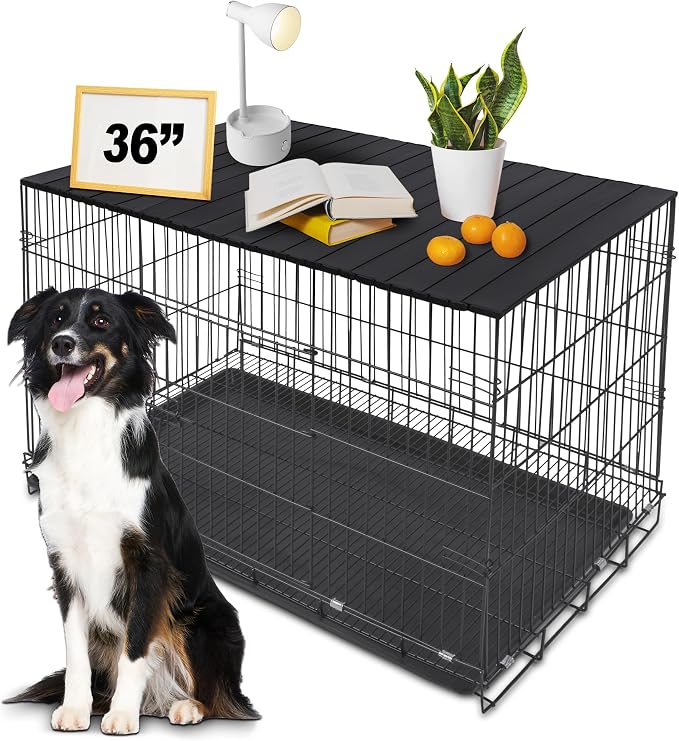 Dog Crate Topper Metal with Magnets for 36 Inch Crate - Aluminum Foldable Dog Kennel Topper Decorative Storage Pet Crate Table Black (Only Topper)