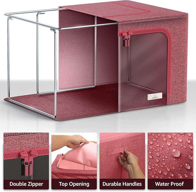 Sorbus Clothing Storage Bins with Clear Window, Metal Frame (2 Pack, Pink) | Oxford-fabric containers with carry handles stack neatly to organize bedding and linens in closets and laundry rooms.