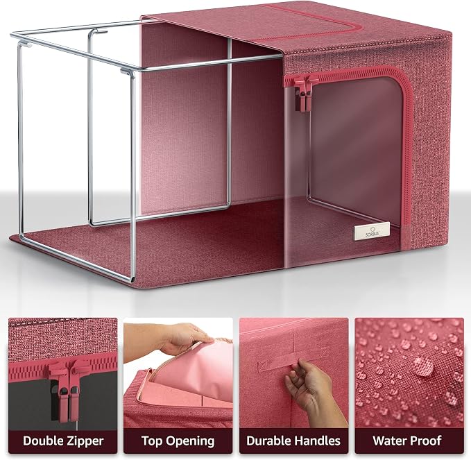Sorbus Clothing Storage Bins with Clear Window, Metal Frame (4 Pack, Pink) | Oxford-fabric containers with carry handles stack neatly to organize bedding and linens in closets and laundry rooms.
