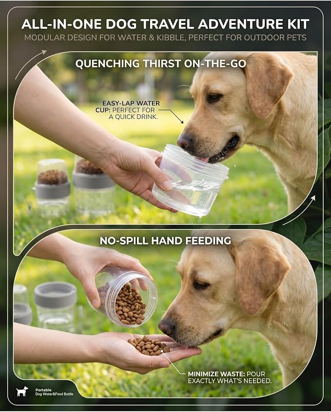 Portable Pet Travel Water Bottle and Food Container - 2-in-1 Detachable Dog Travel Cup for Walking, Hiking and Traveling - Leak-Proof, BPA Free & Food Grade Safety Material (Gray, Medium Size)