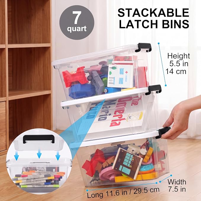 Storage Bins with Lids,7Qt Clear Stackable Storage Containers With Lids Buckle Latches.Perfect for LEGO, Crafts, Office Supplies, and Dorm Room Organization,6-Pack,ClearBlack