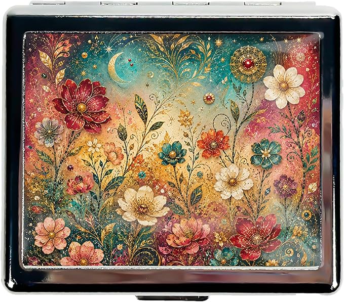 Weekly Pill Organizer with Mirror, 8 Compartments Chrome Pill Box, Portable Travel Medication Organizer for Vitamins and Supplements, Compact Pocket Pill Case for Daily Use (Painted Flowers)