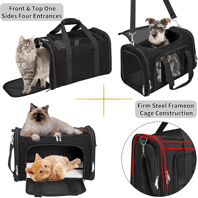 Soft-Sided Cat/Dog/Pet Carrier, Collapsible Pets Travel Carriers | For Big Cats/Small Dogs with Shoulder Strap & Removable Mat, Mesh Puppy Carry Bag, Up to 25 Lbs, TSA Airline Approved(Black)
