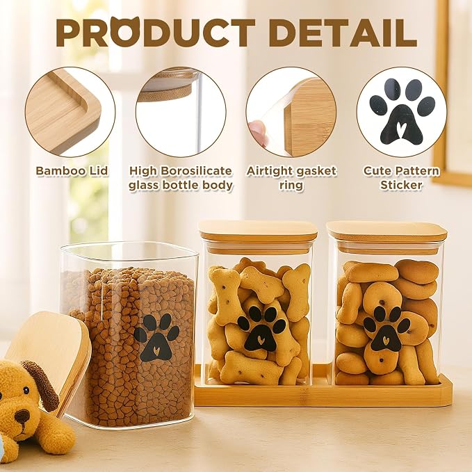 3 Pack Airtight Dog Treat Containers with Bamboo Lids, 37 oz Pet Treat Jars | Dog Food Organizer, Food Holder with Bamboo Lids, Wood Tray, Scoop, Labels, Pen, Dog & Cat Treat Container for Countertop