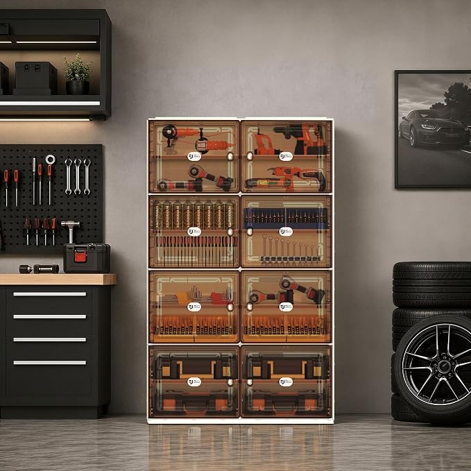 White Shoe Rack Organizer for 32 Pairs of Folding Design | Tool-free Assembly, Magnetic Clear Door, Anti-Tiping, Sneaker Storage, adjustable shelf, Folding Design, Garage, Entryway