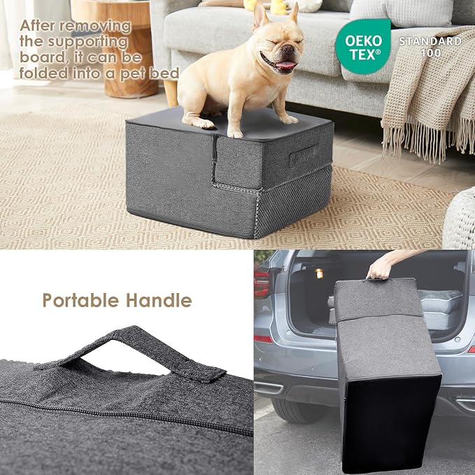 EHEYCIGA Dog Stairs for Small Dogs 13.5" H, 3-Step Dog Steps for Cats, Grey | Pet Steps for Couch Sofa and Chair, Non-Slip Balanced Pet Ramp Indoor