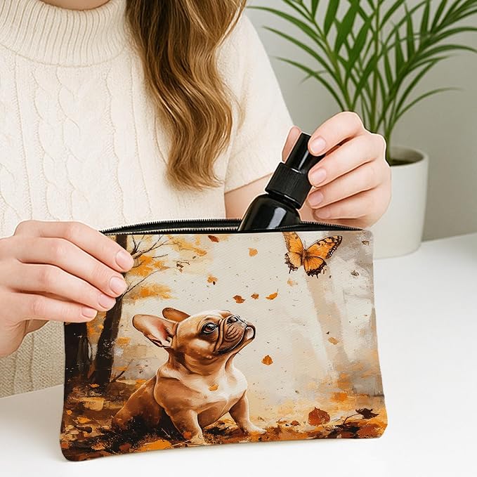 Fall French Bulldog Dog Makeup Bag, Funny Autumn Forest Printed Cosmetic Travel Pouch for Women Girls, Pet Portable Small Canvas Zipper Organizer 7x9 Inch