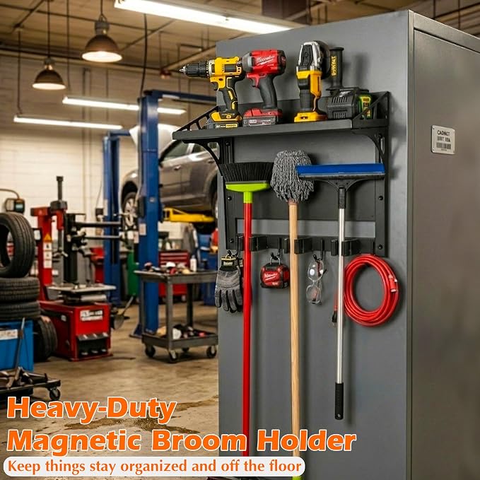 MUTUACTOR Heavy Duty Magnetic Broom Holder,Anti-slip Magnetic Tool Rack with Top Utility Shelf, Easy Assembly Broom Mop Organizer for Refrigerator Metal Cabinet Laundry Room Kitchen,3-Clamps 4-Hooks