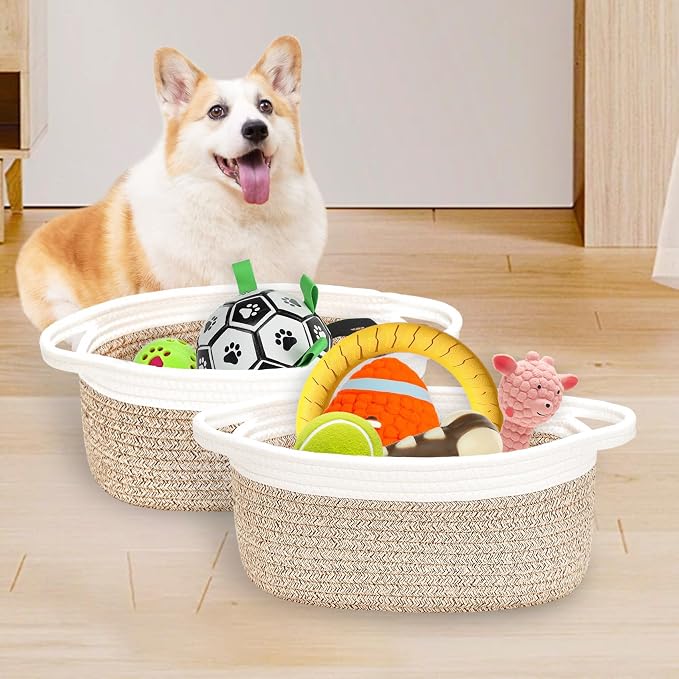 ABenkle Small Basket Empty Gift Basket, Decorative Boho Rope Woven Nursery Storage Organizer Dog Toy Baskets for Baby Showers Christmas Easter with Gift Bags and Ribbons, 12"X 8" X 5"