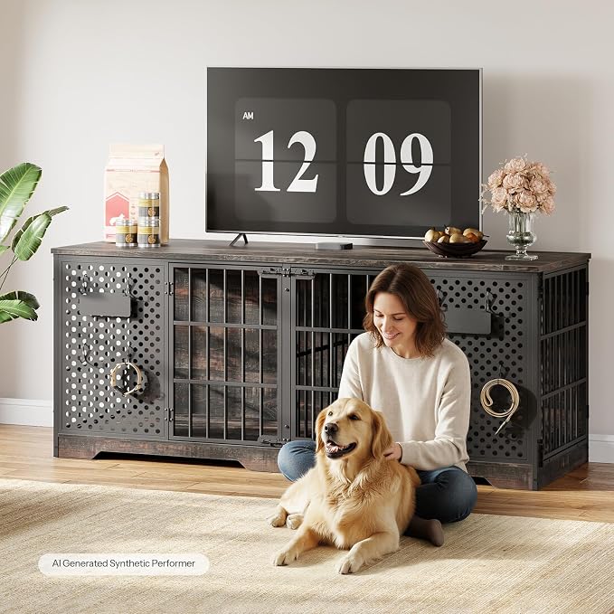 HOOBRO 71" Dog Crate Furniture for 2 Large Dogs, Heavy Duty Indoor Kennel with Removable Divider & Name Tags, TV Stand Cage Furniture for Medium & Large Dogs, Charcoal Gray & Black BC84GW03