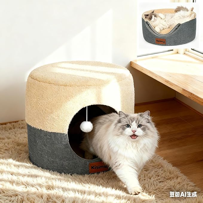 2-in-1 Foldable Cat Bed for Indoor Cats, Cat Cave & Sofa Bed | 19.7"D x 15"H, Reversible Plush & Linen Cushion,Enclosed Cat Bed, Hanging Cat Toys, Non-Slip, Large Cat Couch, Grey