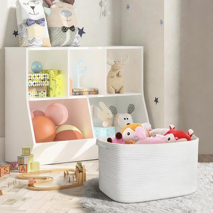 Extra Large White Storage Basket, 23.6" x 17" x 12" Rectangle Blanket Storage for Living Room, White Woven Cotton Rope Basket, Big Kids Toy Box Bin, XXXL Wicker Laundry Baskets for Organizing