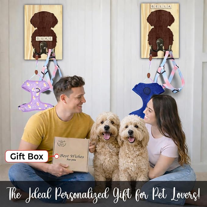 Golden Doodle Dog Leash Holder Wall Mount with Scrabble Letters, Wooden Dog Wall Hook Organizer, Pet Collar and Harness Hanger for Entryway, Key Hook Gift for Pet Lovers, Home Decoration PF297-39