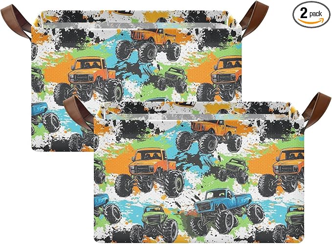 Colorful Monster Truck Splash Trucks Storage Basket with Labels&Handles Rectangular Waterproof Nursery Storage Bins Collapsible Shelf Organizer Baskets for Kids Books Cloth Gift Toys Laundry, 2 Pack