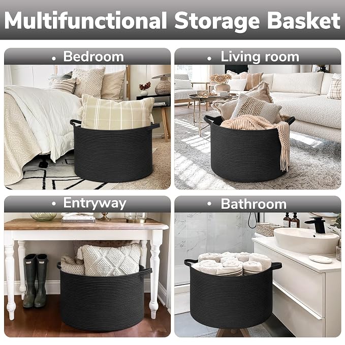 Goodpick Large Woven Dirty Clothes Basket for Nursery & Living Room, 85L | 21.7 x 21.7 x 13.8 In Storage Basket for Nursery, Blanket Basket for Towels Clothes, Black