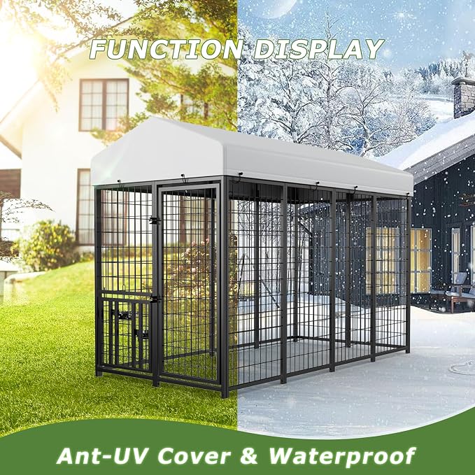 ROOMTEC Heavy Duty Outdoor Dog Kennel with Rotating Bowls, 8 x 4 x 5.6-ft