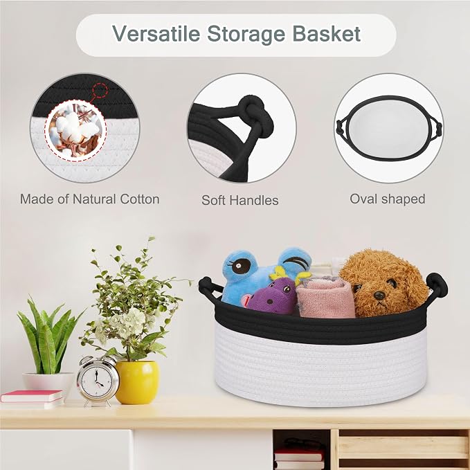 COMSE Small Gift Basket Empty with Bag & Ribbons, Black & White | Cotton Rope, 12"x 8"x 5", Pet Toy Storage Organizer, Woven Basket for Birthdays, Baby Showers, Mother’s Day, Valentine’s Day
