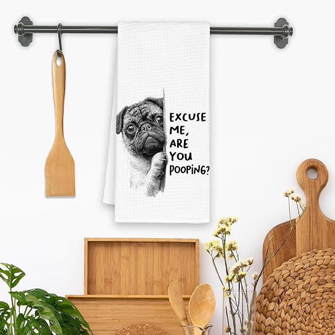 Funny Dog Pug Bathroom Towels, Cute Rustic Hand Kitchen Towels Gifts for Dog Pug Lovers, are You Pooping Bar Dish Towel Decor for Dorm Bar Cafe 16x24in