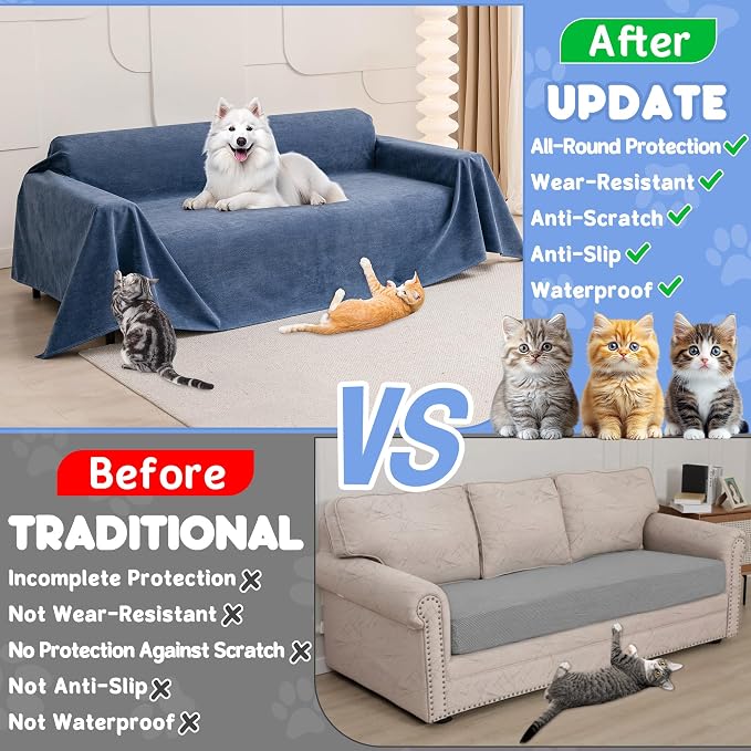 Loiion Cat Scratch Proof Furniture Protector Waterproof Sofa Cover 118"x71" | Pet-Friendly Couch Protector, Anti-Scratch & Anti-Slip Sofa Cover For Cats Dogs Kids, Machine Washable