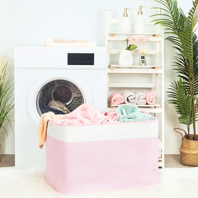 112L Extra Large Blanket Basket Holder Living Room, 25"x17"x16" Rectangle Rope Woven Storage Basket with Handles for Laundry, Towels, Shoes, Dog Toy Organizer Bin Box, Light Pink
